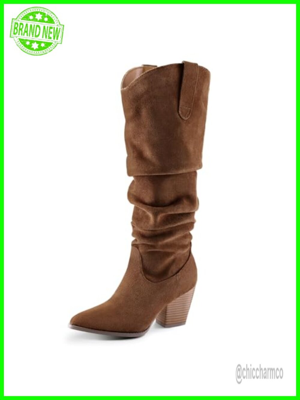 Women's Knee High Slouchy Pointed Toe Western Boots Faux Suede Block Heel